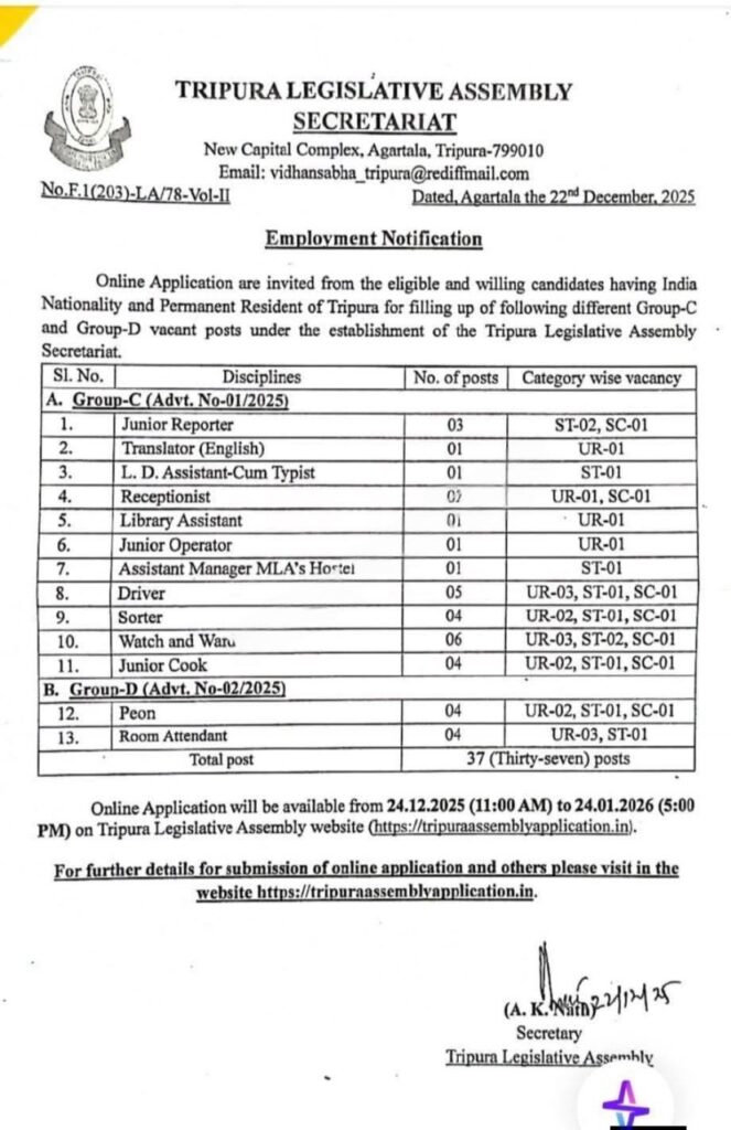 Tripura Legislative Assembly Secretariat Announces Recruitment for 37 Group-C and Group-D Posts 2 img 0997