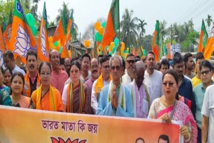adc elections bjp candidates file papers with minister santana chakma at forefront
