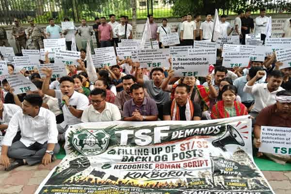tsf protest in agartala demands action on reserved vacancies