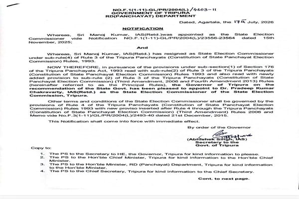pradeep kumar chakravarty appointed as tripuras new state election commissioner