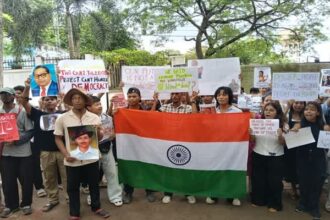 students continue protest in agartala demanding resignation of union education minister