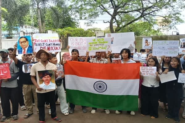 students continue protest in agartala demanding resignation of union education minister