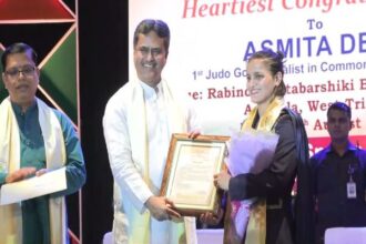 ace judoka asmita dey felicitated by tripura govt for gold in cwg cm hands over land allotment paper rs 10 lakh cheque