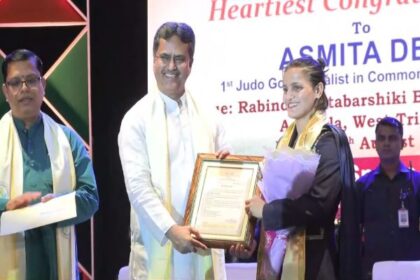 ace judoka asmita dey felicitated by tripura govt for gold in cwg cm hands over land allotment paper rs 10 lakh cheque