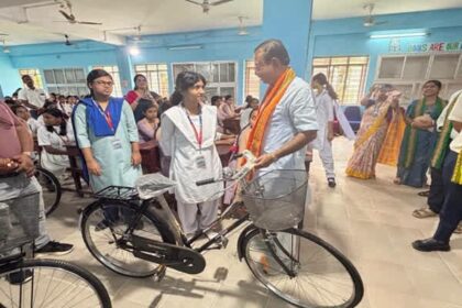 rajya sabha mp rajib bhattacharjee distributes bicycles to girl students calls it s step towards womens empowerment
