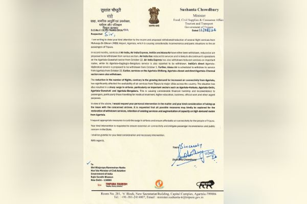 withdrawal reduction of several flights from mbb airport tripura minister writes to union civil aviation minister