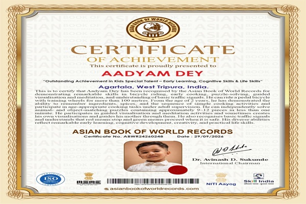 three year old agartala boy recognised by asian book of world records
